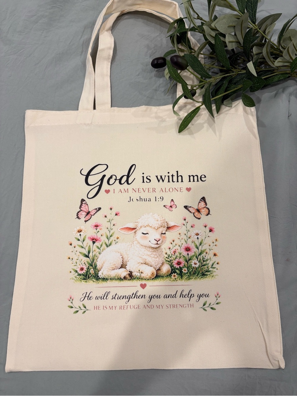 God Is With Me Cream Tote Bag with Lamb Print